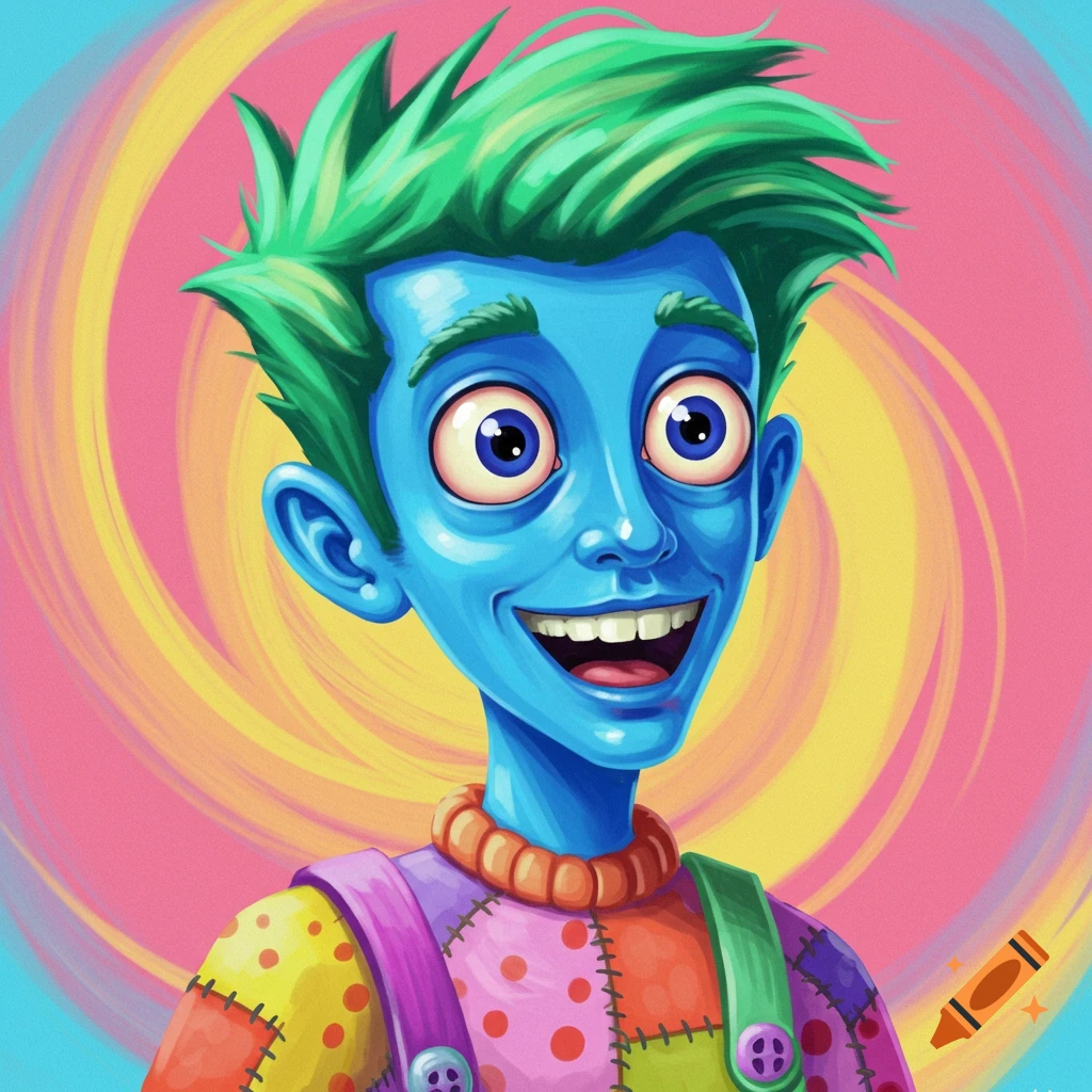 A cartoon character with blue skin and green hair wearing a colorful patchwork outfit