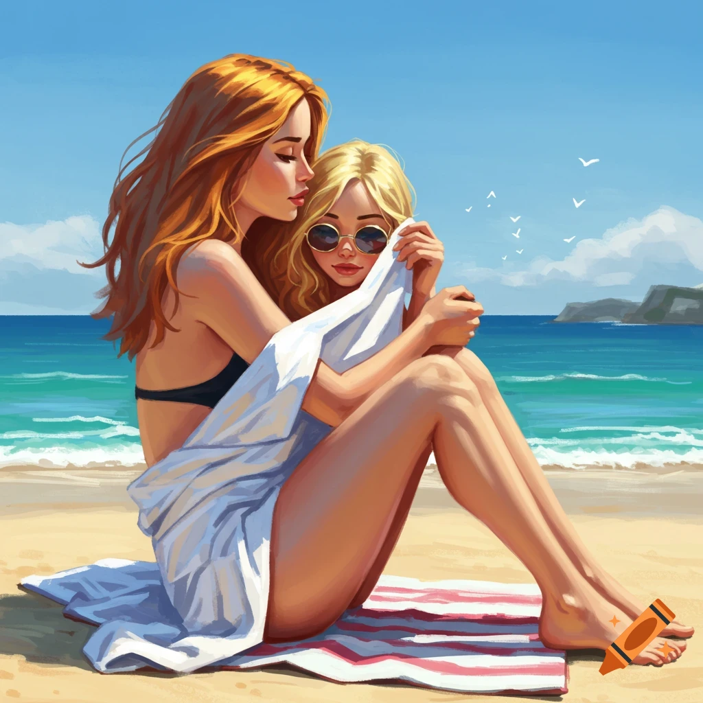 Two women sitting on a beach