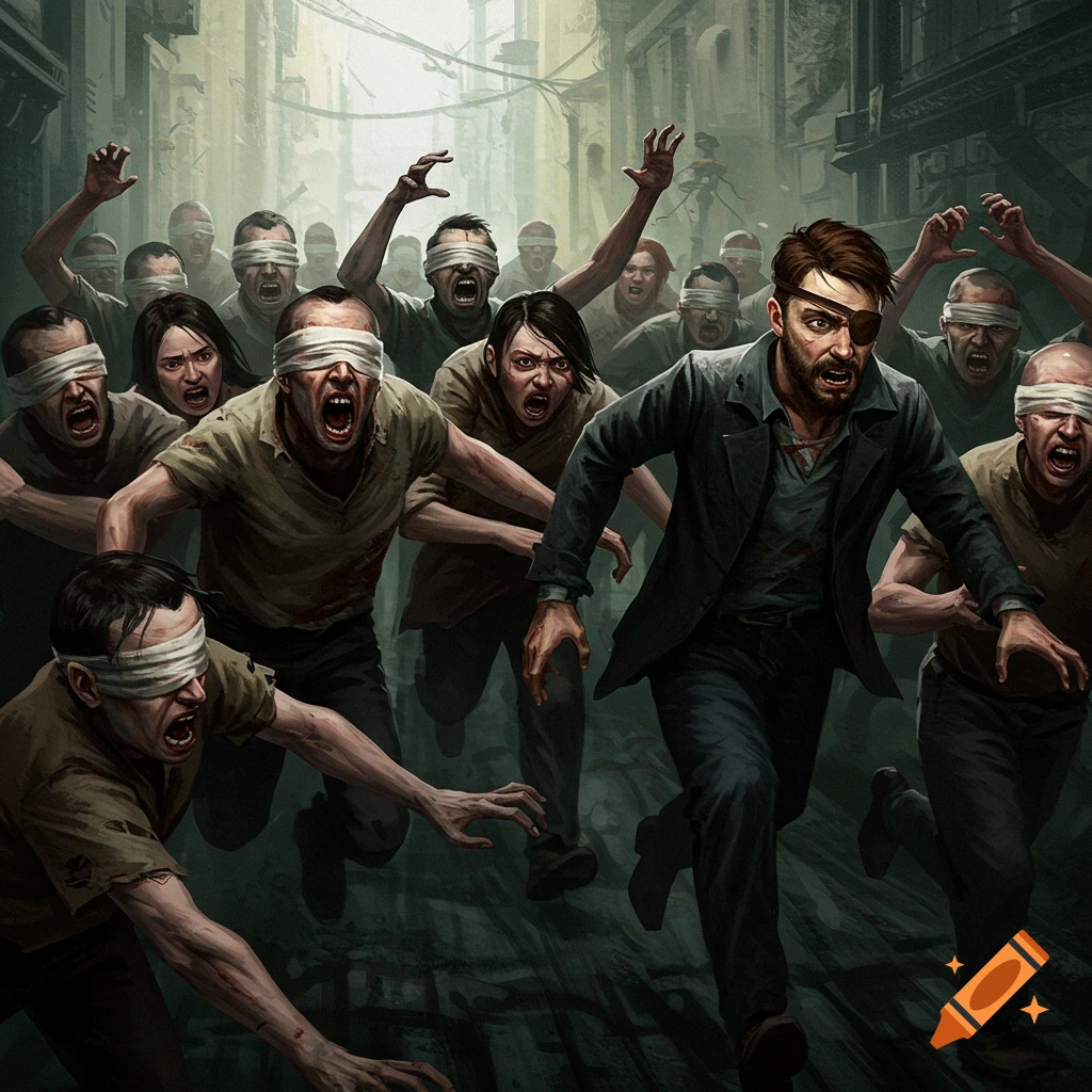 A man with an eye patch runs from a mob of blindfolded people in an alley.