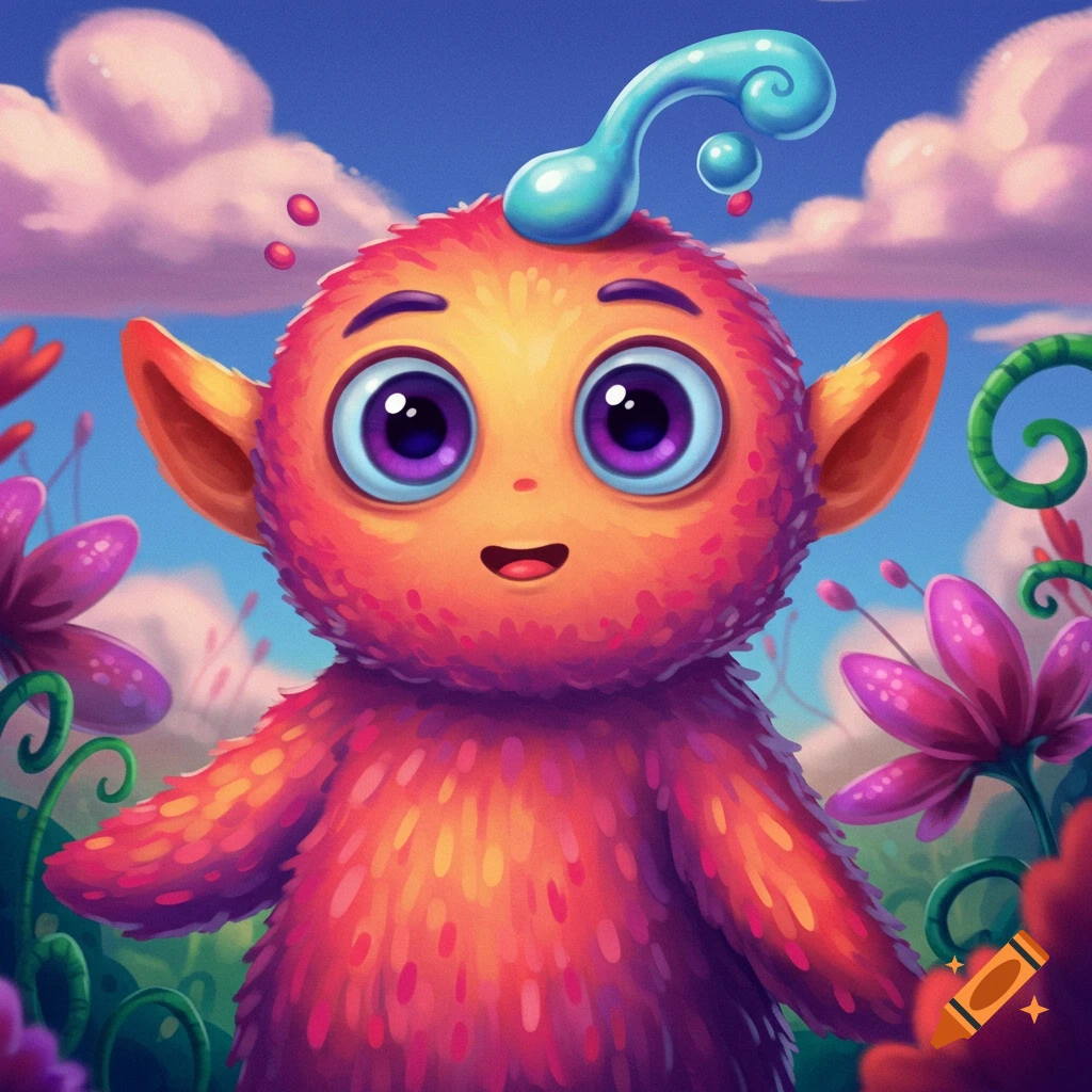 A cute furry orange and purple creature with big eyes and a blue antenna stands in a field of pink flowers.