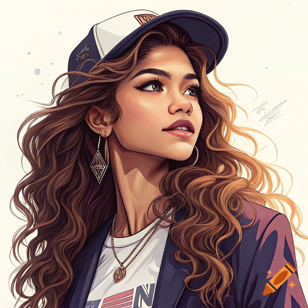 Stylized illustration of a woman with long wavy hair wearing a cap and blazer, looking up.