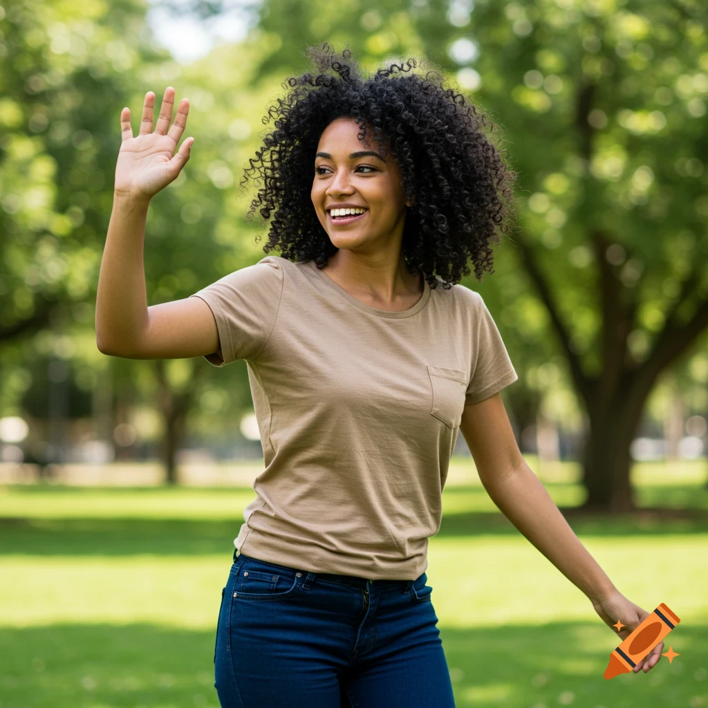 Woman with curly hair waves in a park.