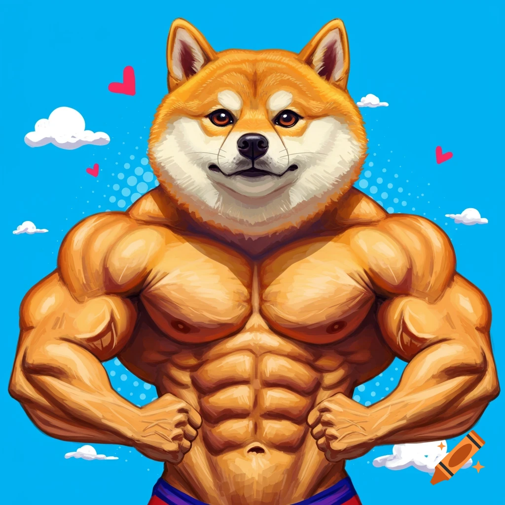 A very muscular, buff Shiba Inu dog flexing with clouds and hearts in the background.