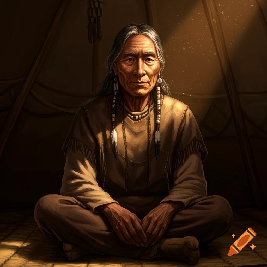 An elder with long grey hair sitting cross-legged inside a tent.
