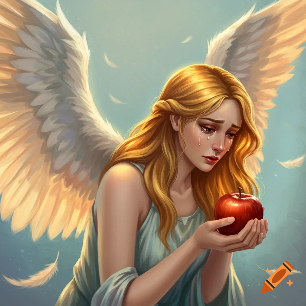 Image of a crying angel with large wings holding a red apple.