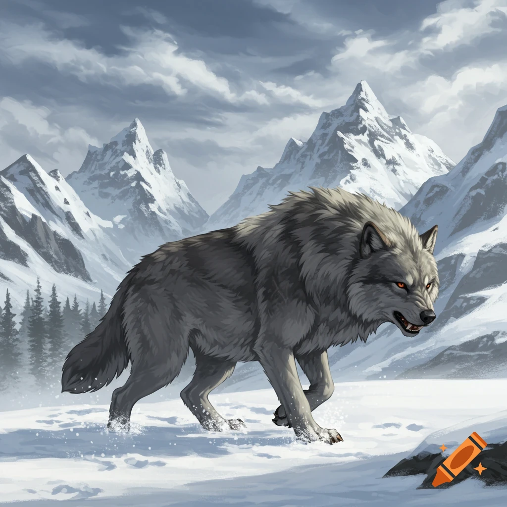 A gray dire wolf walking through deep snow in a mountain landscape