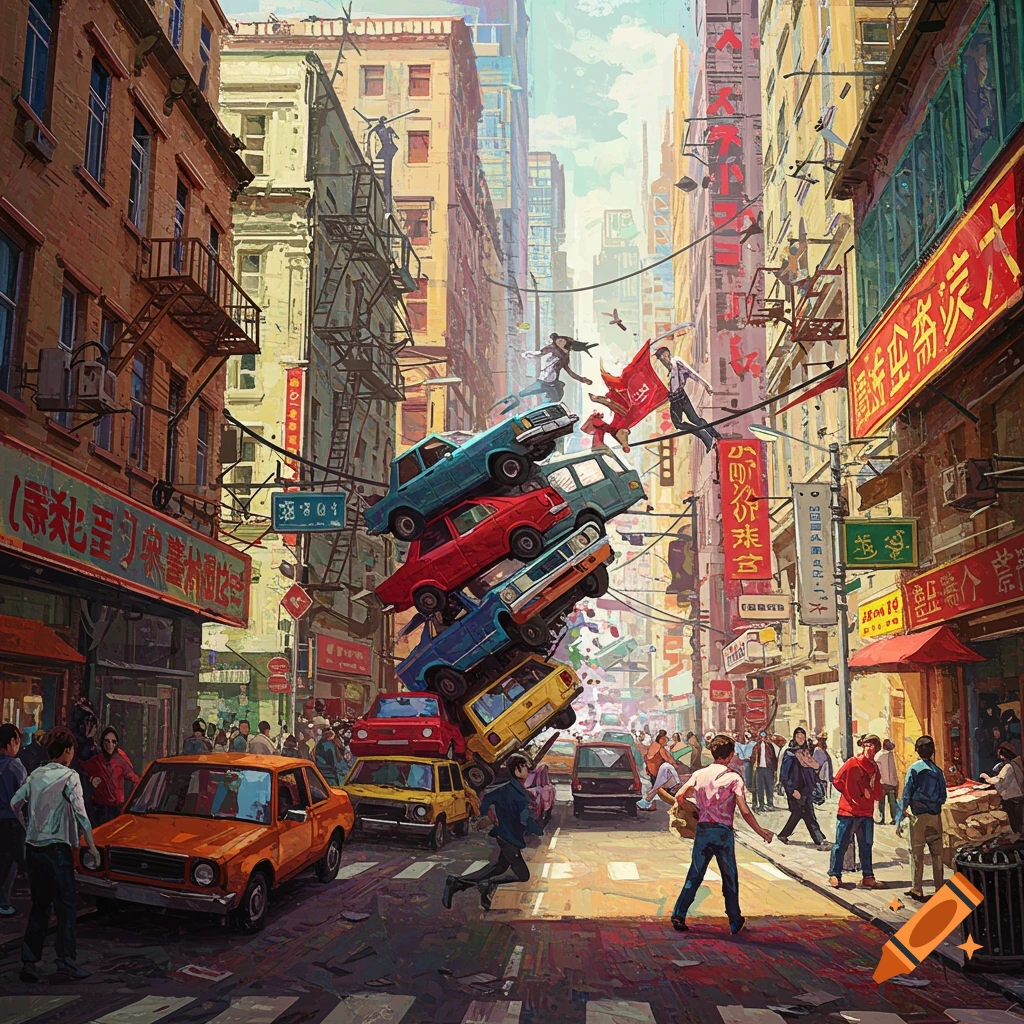 A chaotic city street scene with cars piled high and people running and levitating.