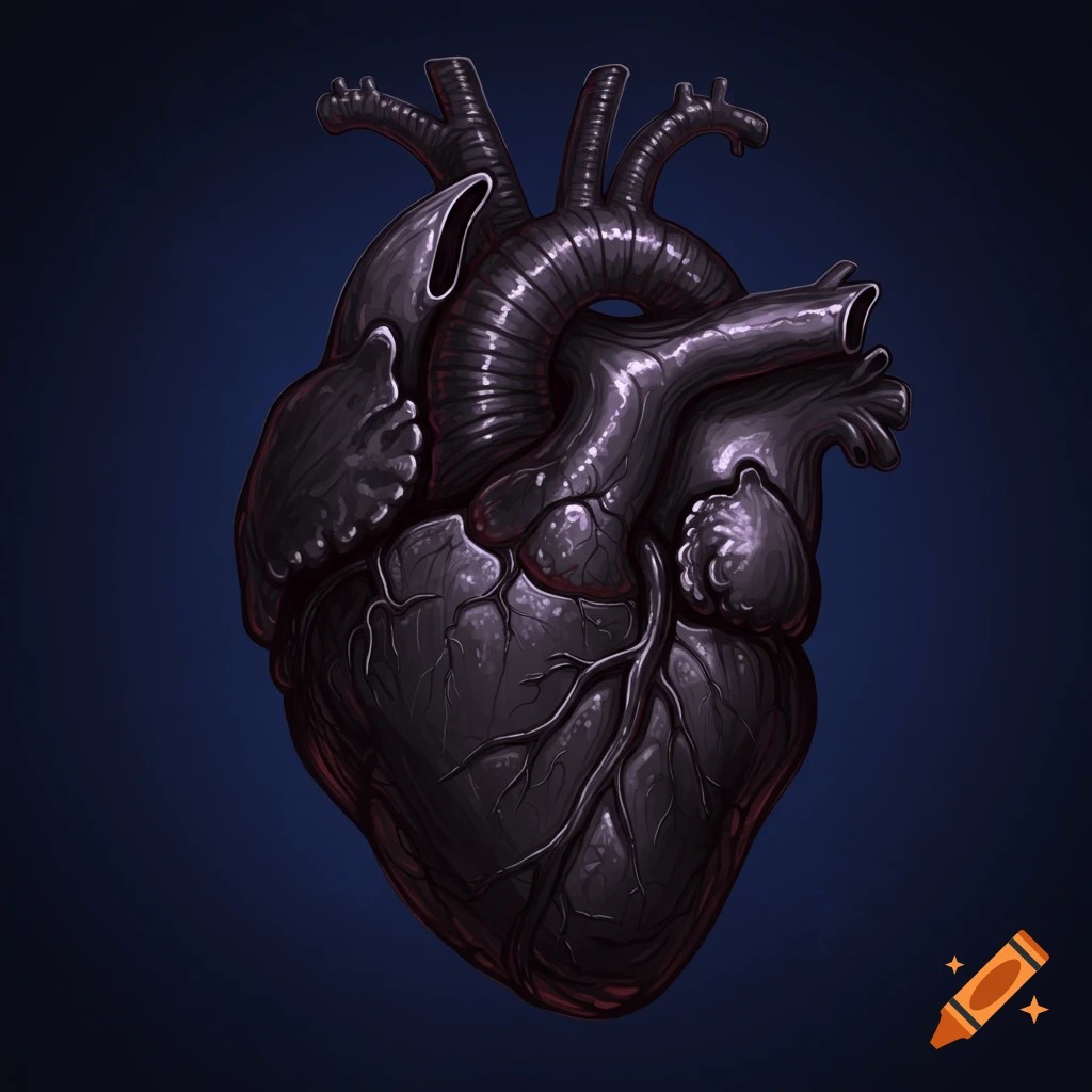 A stylized, dark anatomical heart on a deep blue background.