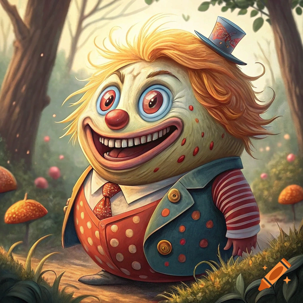 A grotesque clown-like creature with large eyes and a wide smile wears a coat and hat in a forest.