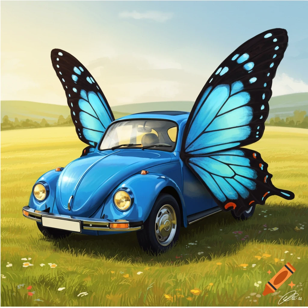 A blue Volkswagen Beetle car with large blue butterfly wings on its sides is parked in a grassy field.