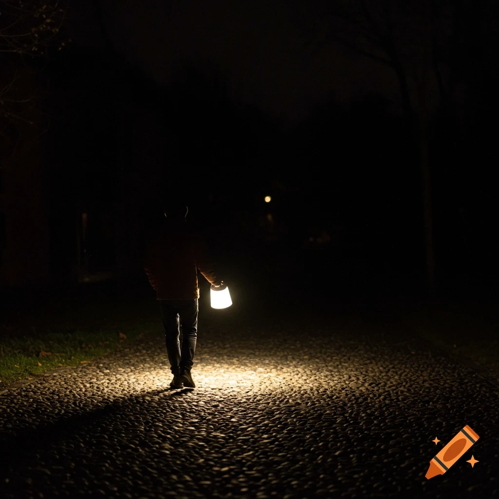 A person walks down a pebbled path at night, illuminated by a lantern they carry.