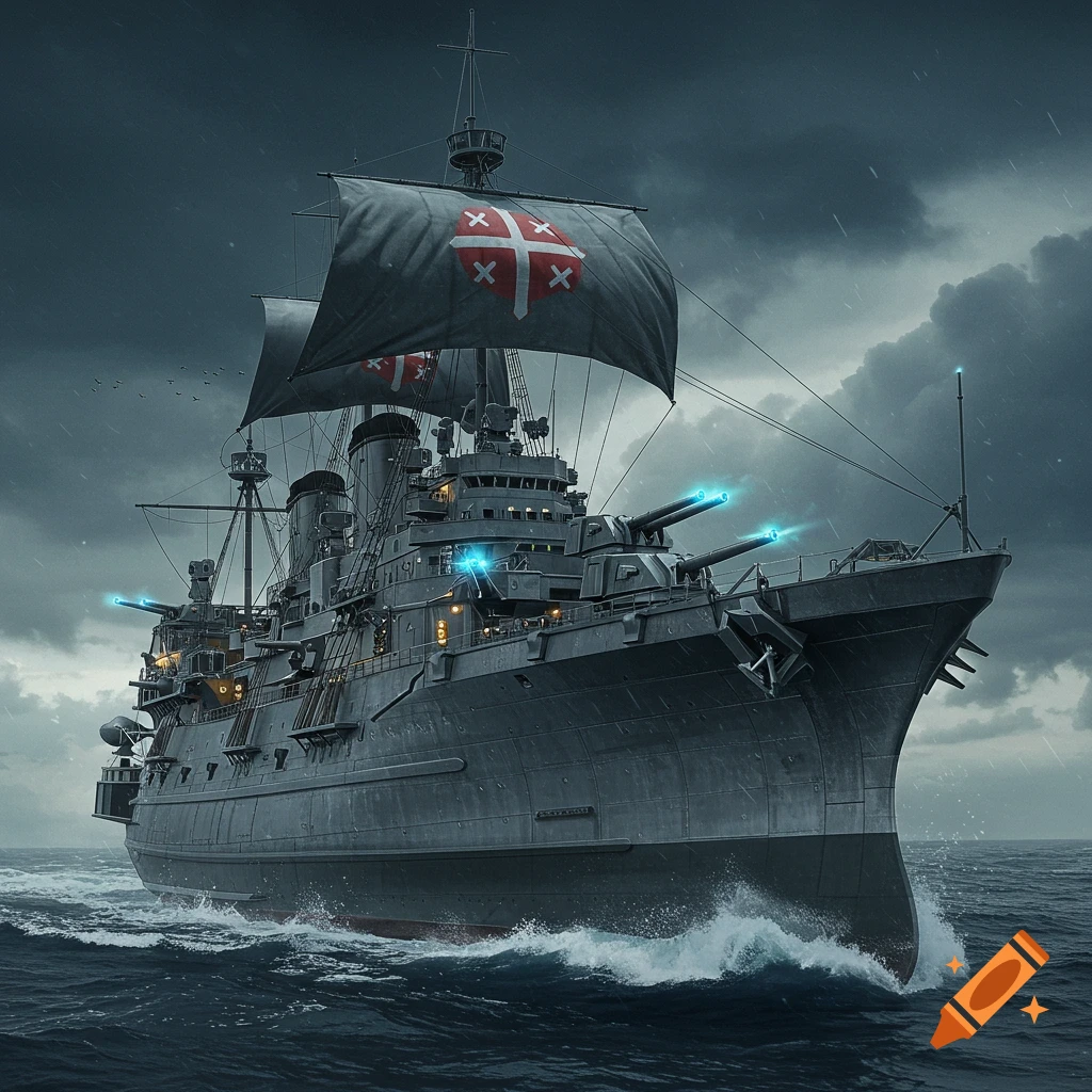 A large dark grey warship with prominent cannons and sails featuring a red cross symbol, sailing through a stormy sea under dark clouds.