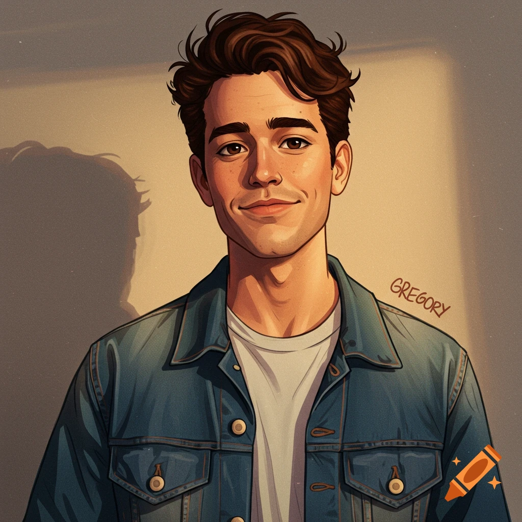 Painting of a man with brown hair, denim jacket, smiling, with 'GREGORY' on shoulder.