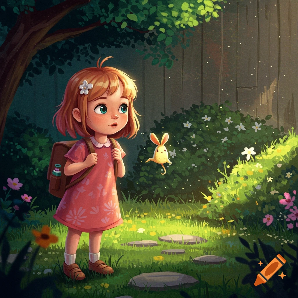 A cartoon girl with a backpack looks at a glowing creature in a magical garden path.