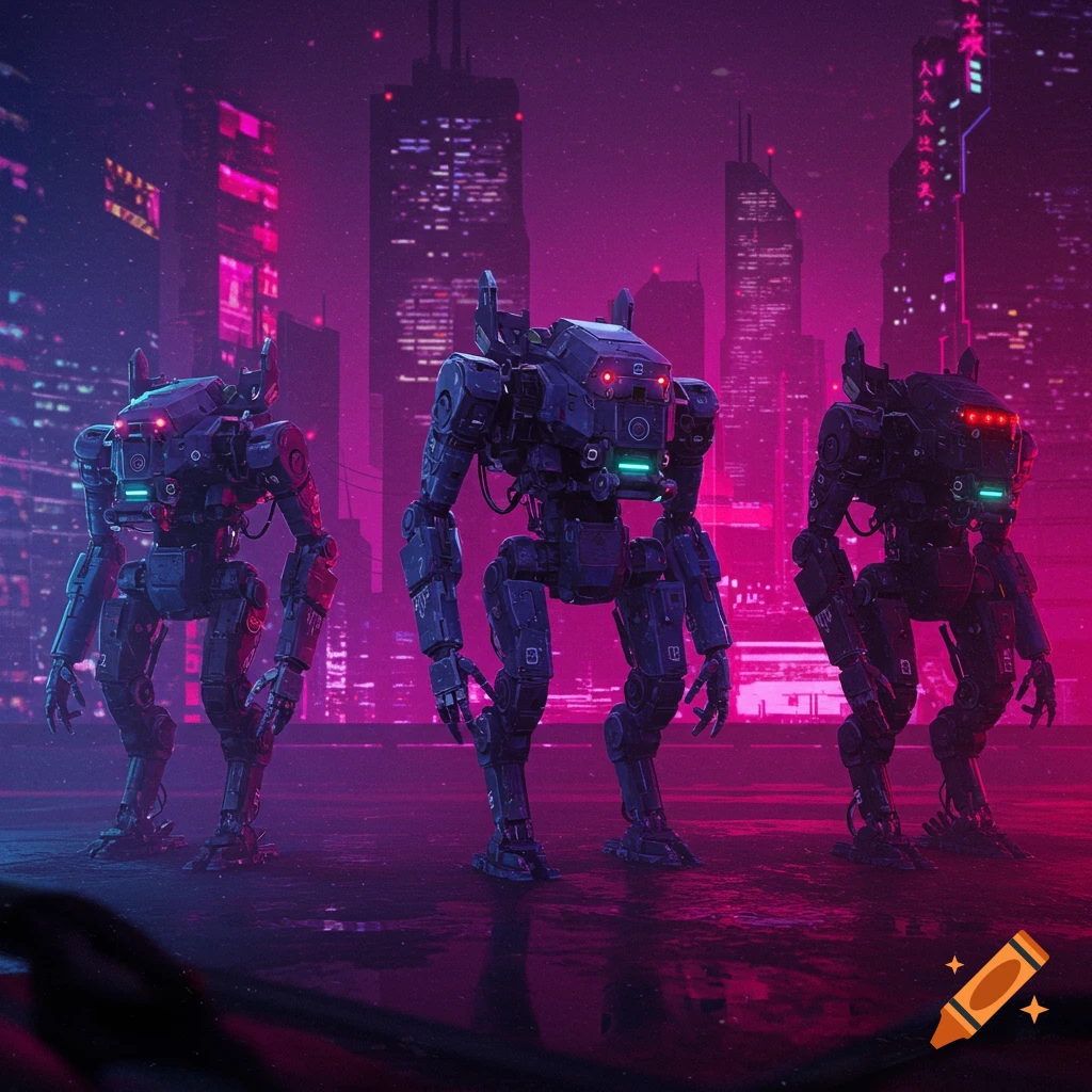 Three robots stand in a futuristic city street with neon lights.