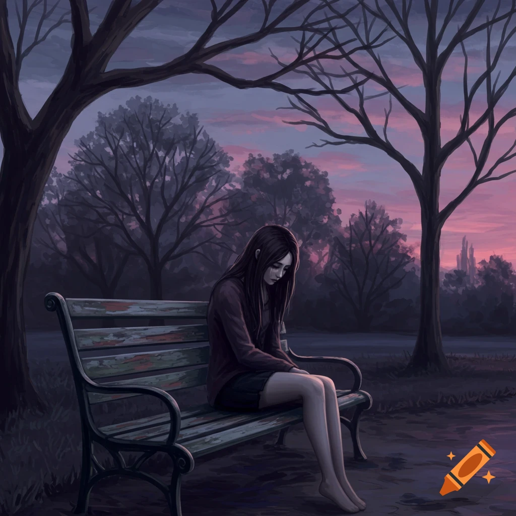 A lone figure sitting on a park bench at dusk, conveying sadness.