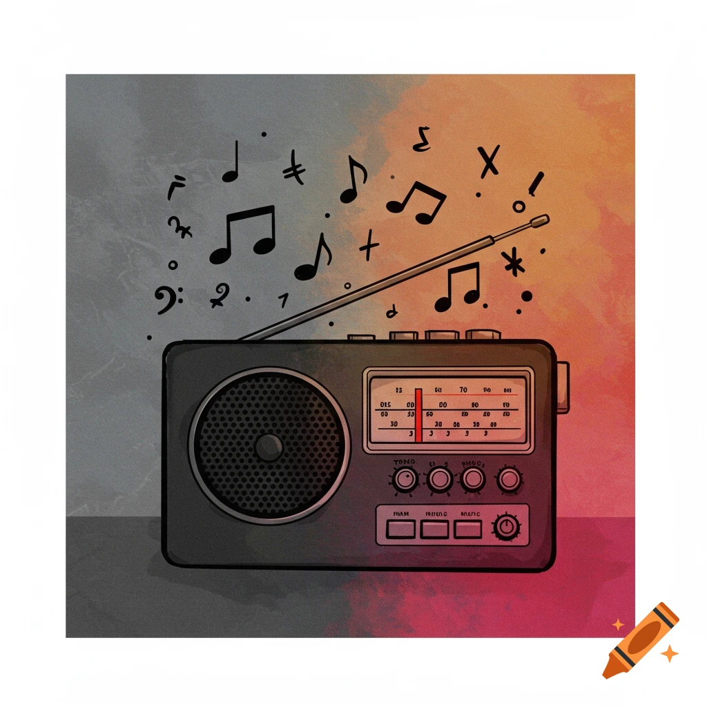 Digital illustration of a retro radio with music notes floating above, against a grayscale to color gradient background.