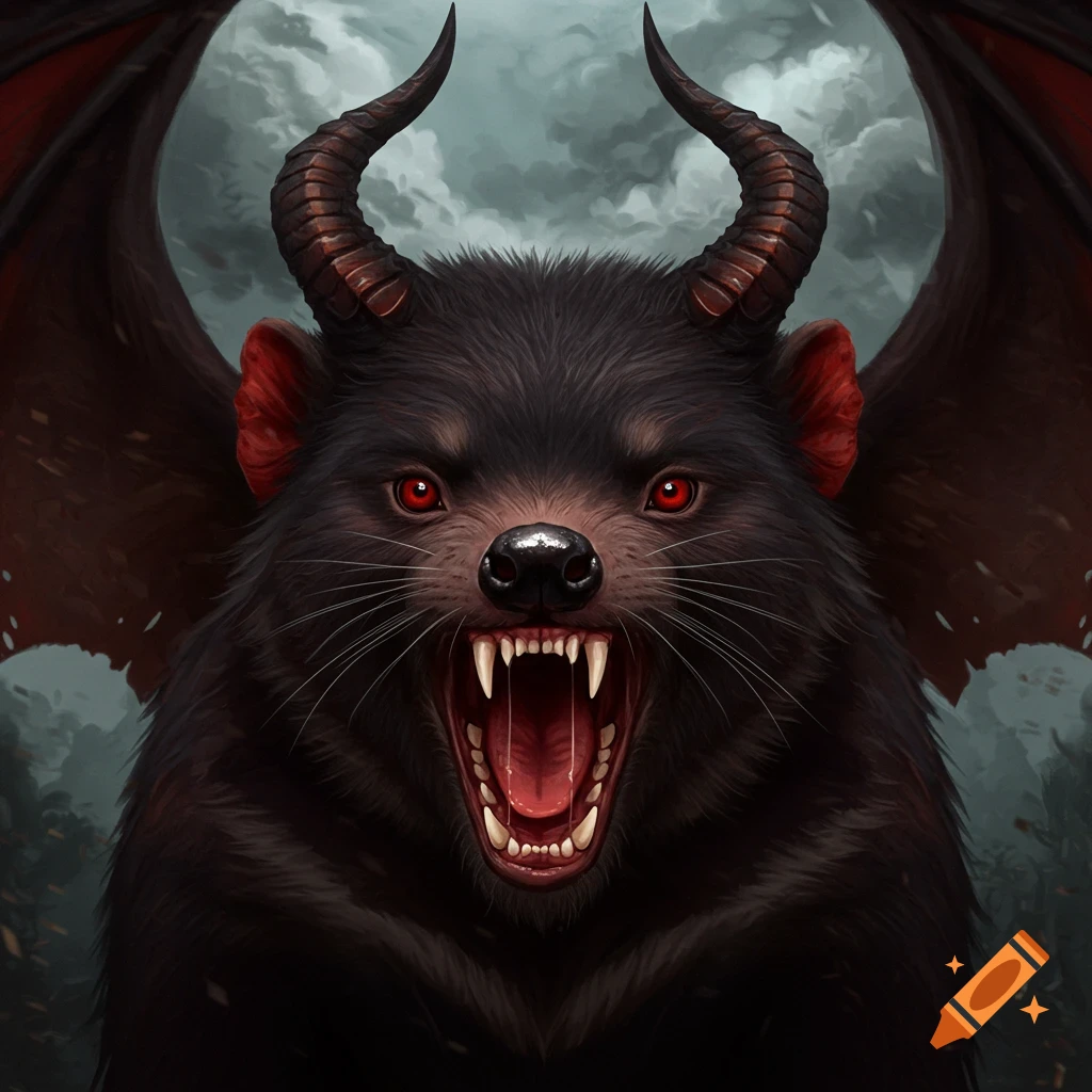 A scary black demon creature with red eyes, horns, fangs, and wings.