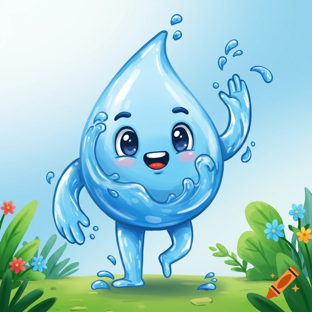 A blue cartoon water drop mascot waves in a grassy field with flowers.