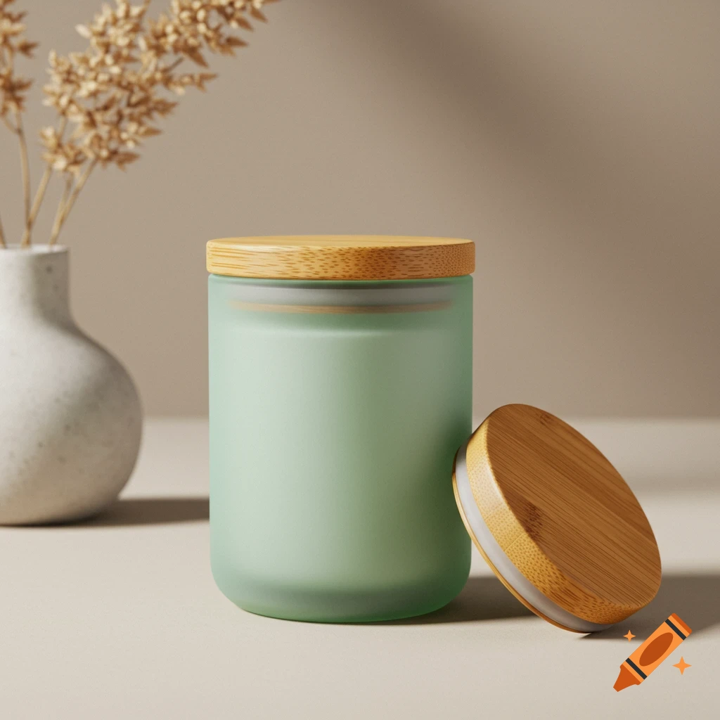 A frosted green container with a bamboo lid next to a vase with dried plants in a product photo.
