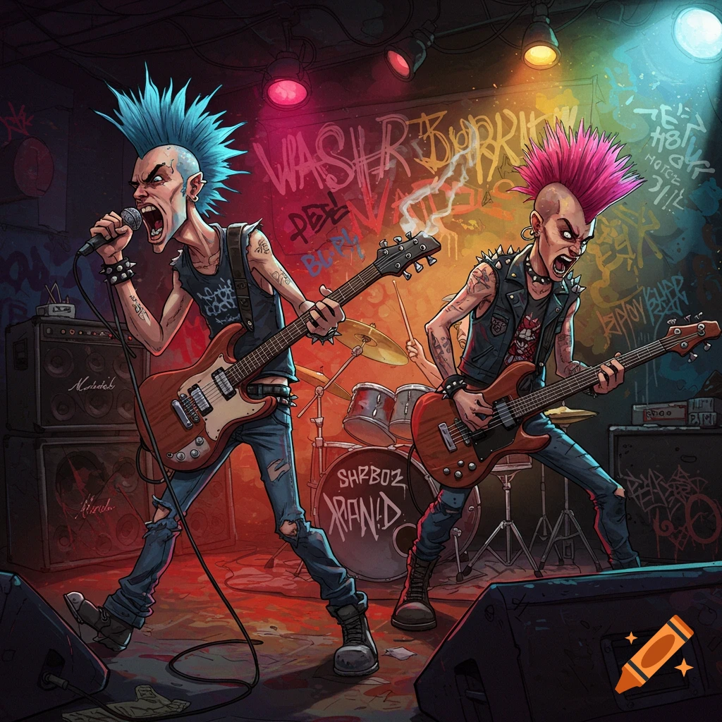Two cartoonish punk musicians with mohawks play guitar and bass on a club stage with graffiti walls.