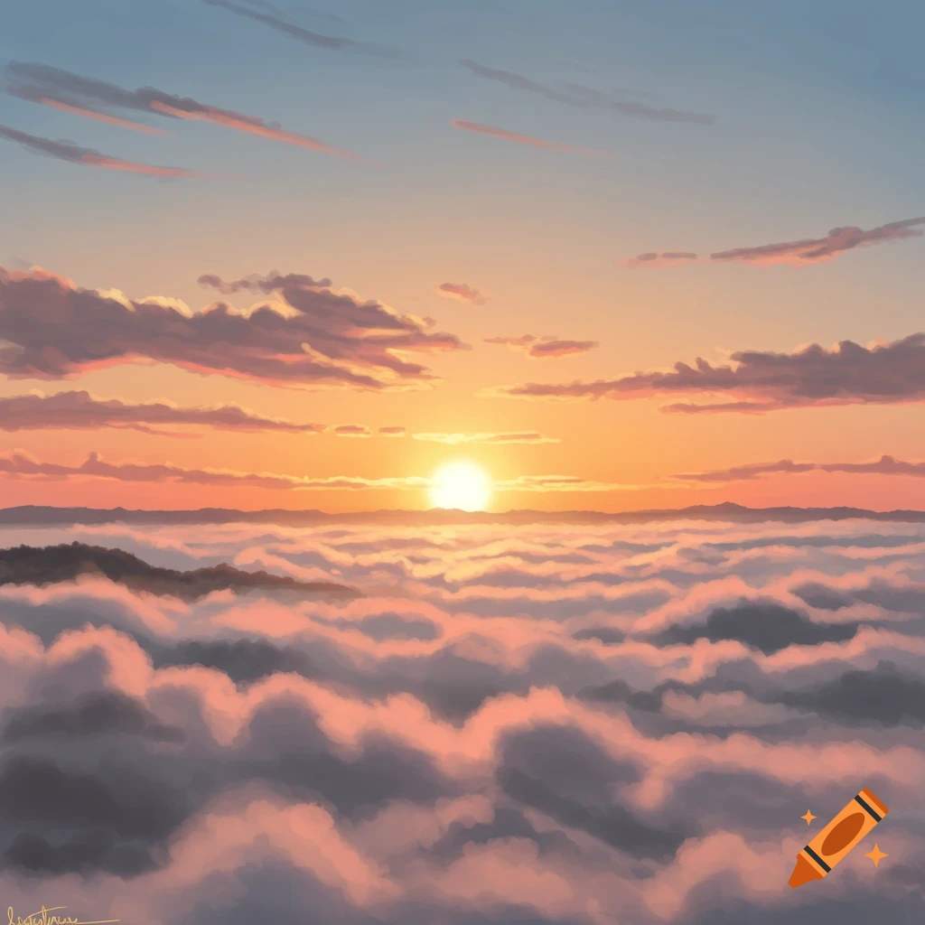 Sunrise over a valley filled with clouds and mountains.