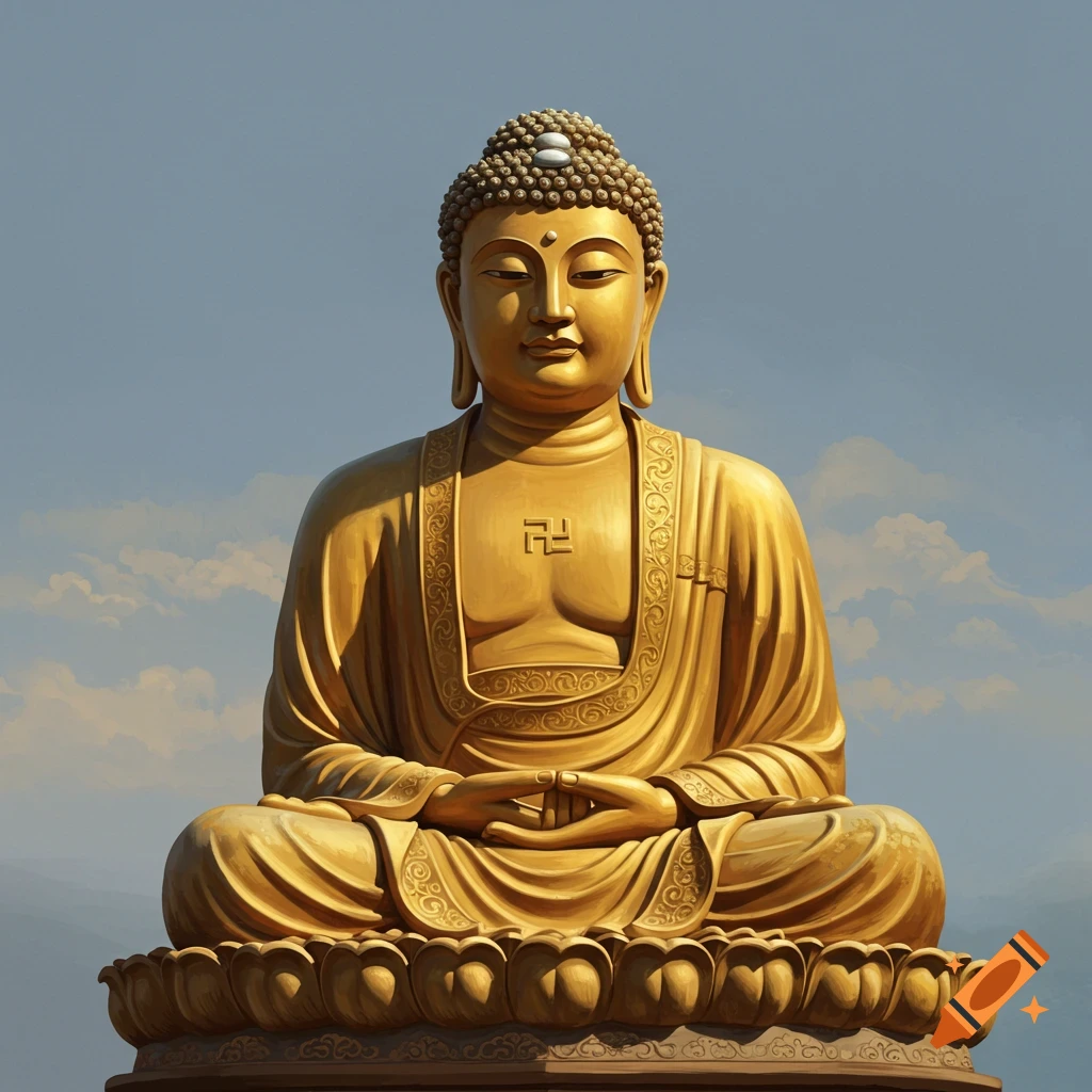 A golden statue of Buddha sitting on a lotus base against a cloudy sky.