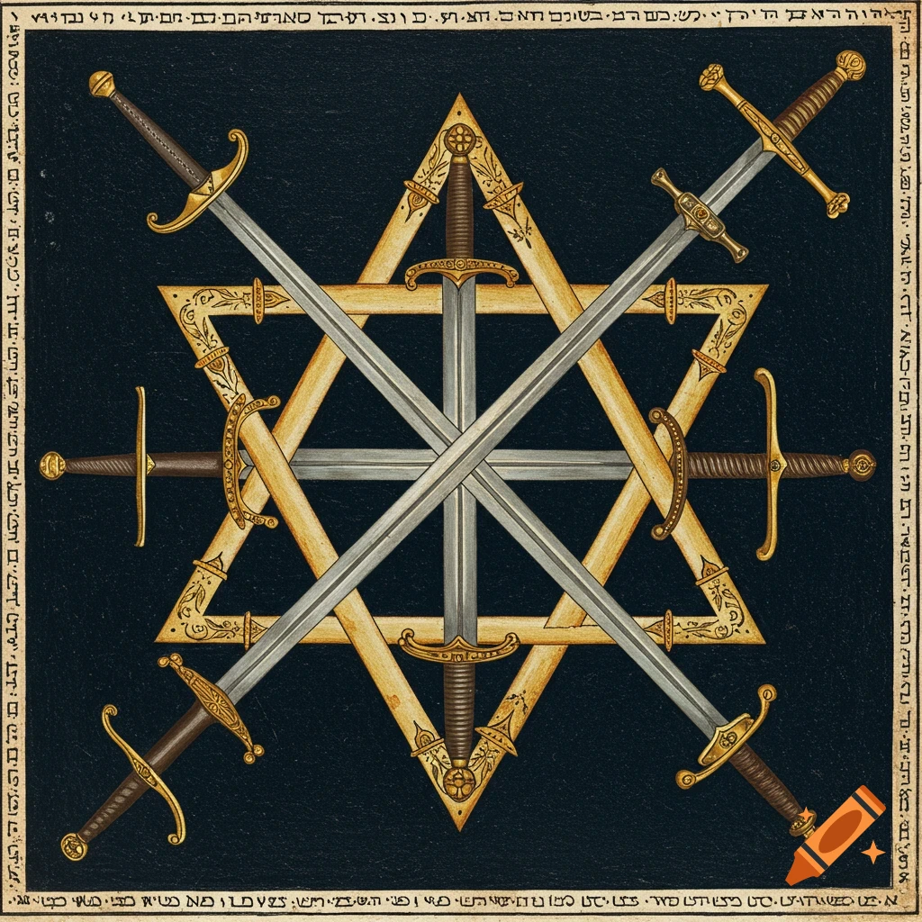 Star of David symbol formed by six swords, surrounded by more swords, in a historical drawing style.