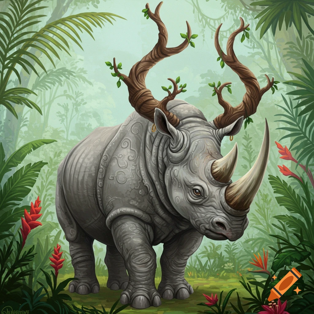 a fantasy rhino creature with branch-like horns in a jungle