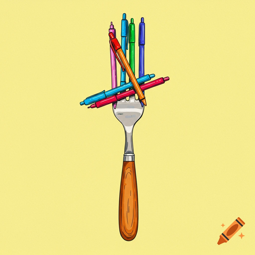 A fork holding several colorful pens on a yellow background.