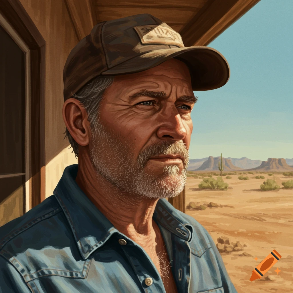 Image of a man in a cap and denim shirt looking out over a desert landscape.