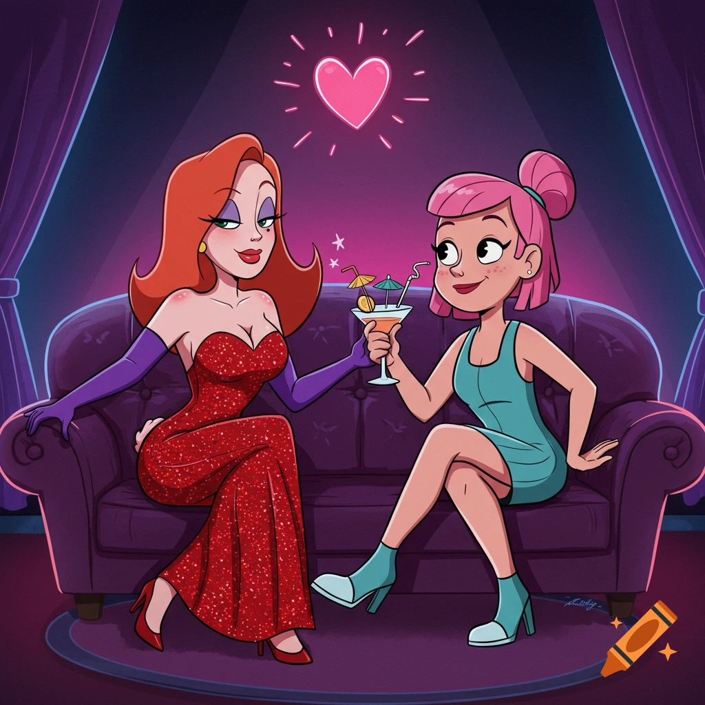 Cartoon illustration of two women characters sitting on a couch with cocktails in a lounge.