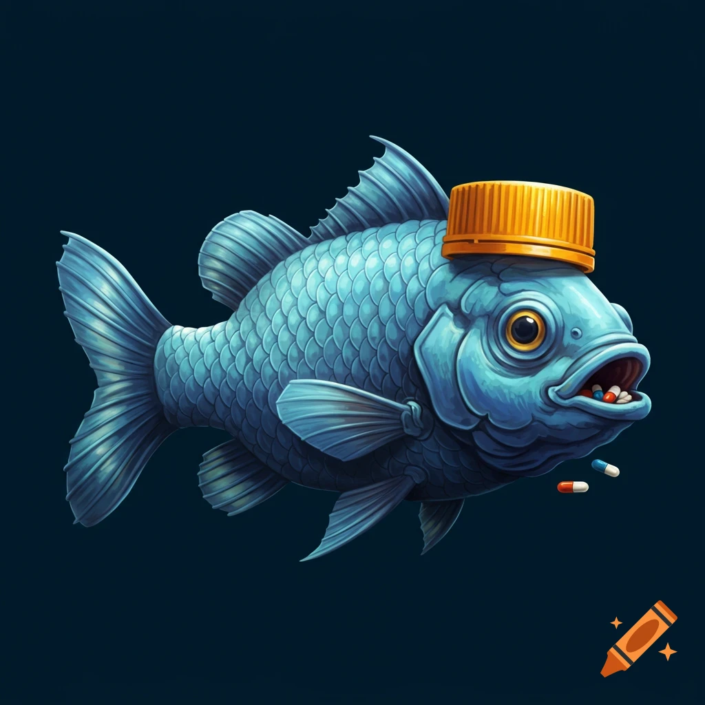 A blue fish with a yellow bottle cap on its head consumes colored pills.