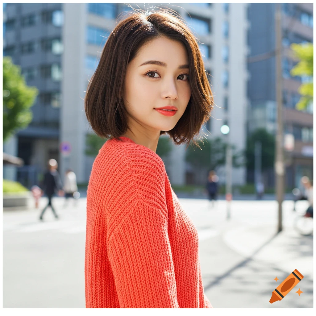 A young woman with short brown hair wearing an orange sweater looks over her shoulder on a city street.