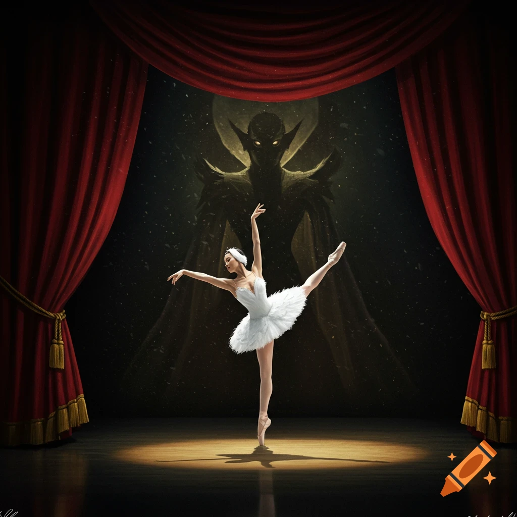 Ballerina dances on a stage with red curtains and a large shadowy figure behind her.