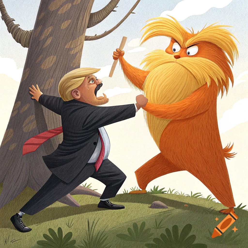 Cartoon illustration of Donald Trump backing away from an angry Lorax holding a stick.