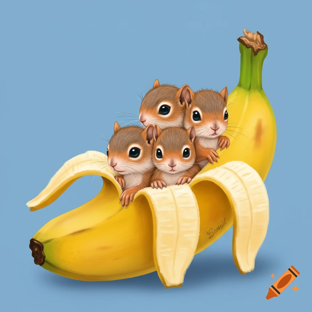 Four cute baby squirrels in a peeled banana