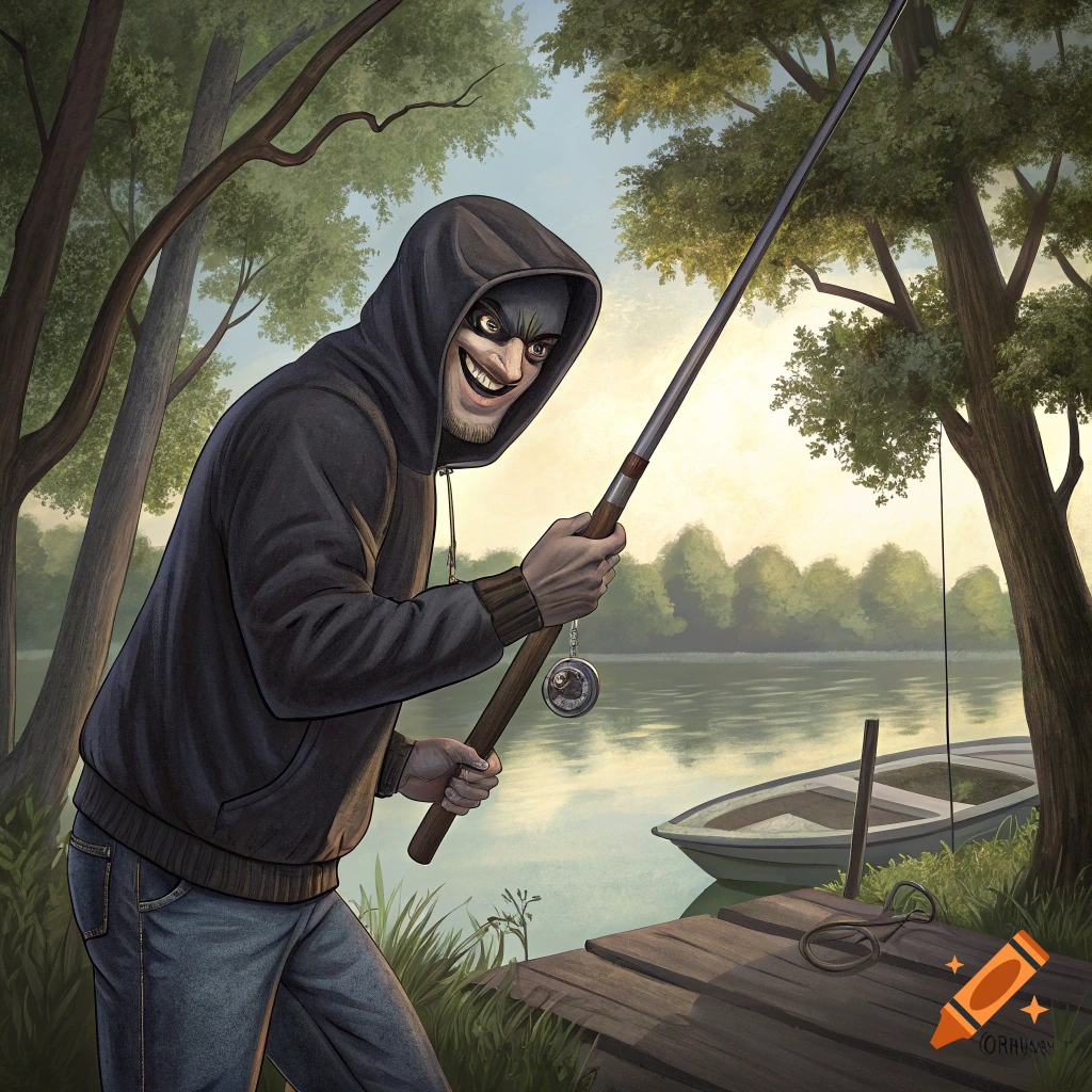 Illustrative image of a masked person in a hoodie fishing from a dock on a lake.