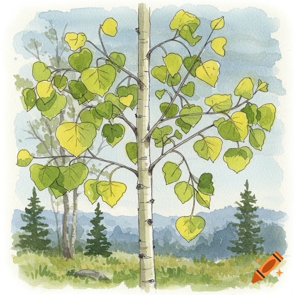Watercolor sketch of an aspen tree with heart-shaped green and yellow leaves in a mountain landscape.