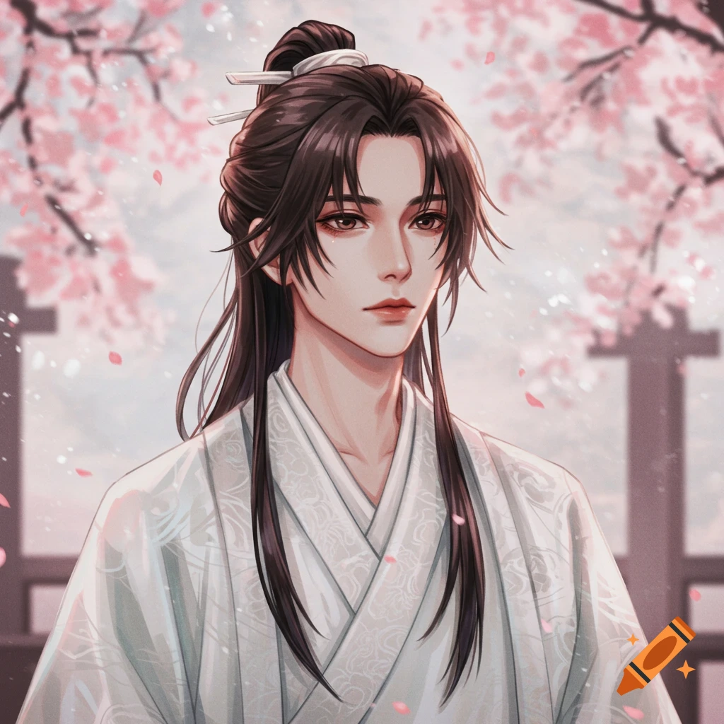 A person in traditional East Asian clothing standing under cherry blossoms.