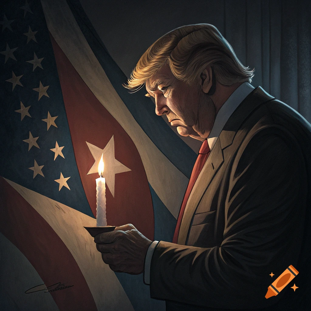 Illustration of a person resembling Donald Trump holding a candle in front of a Cuban flag.