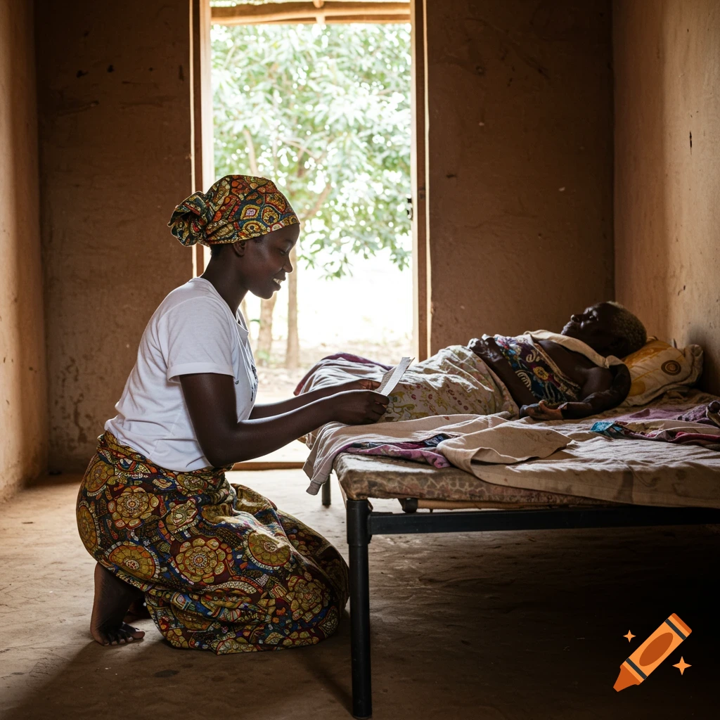 Young woman kneels beside a bed, looking at an older woman lying there, in a simple room.