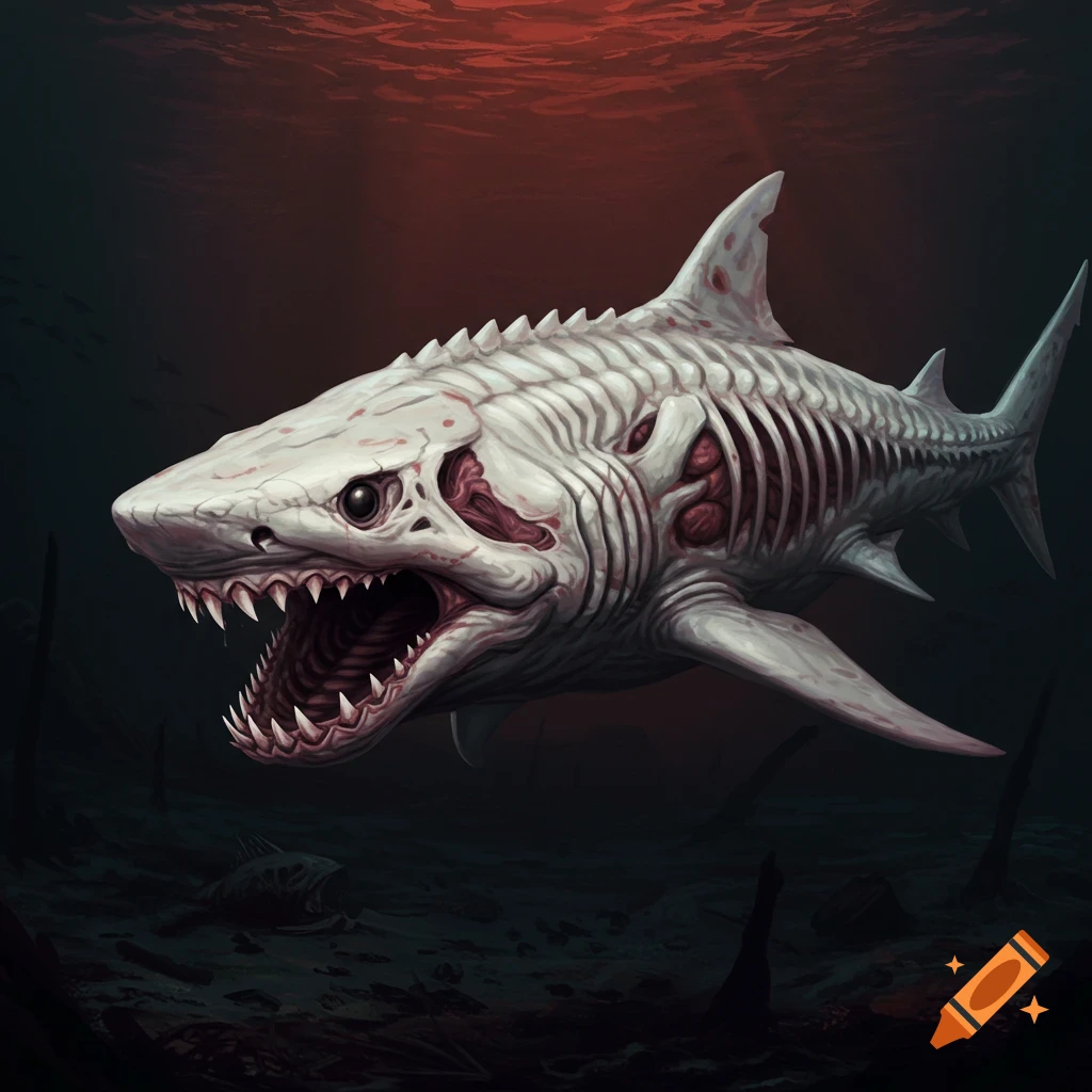 A skeletal shark swims in dark water.