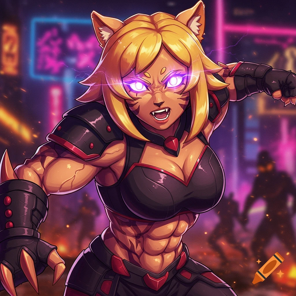 Muscular female cat warrior with glowing eyes in a cyberpunk city