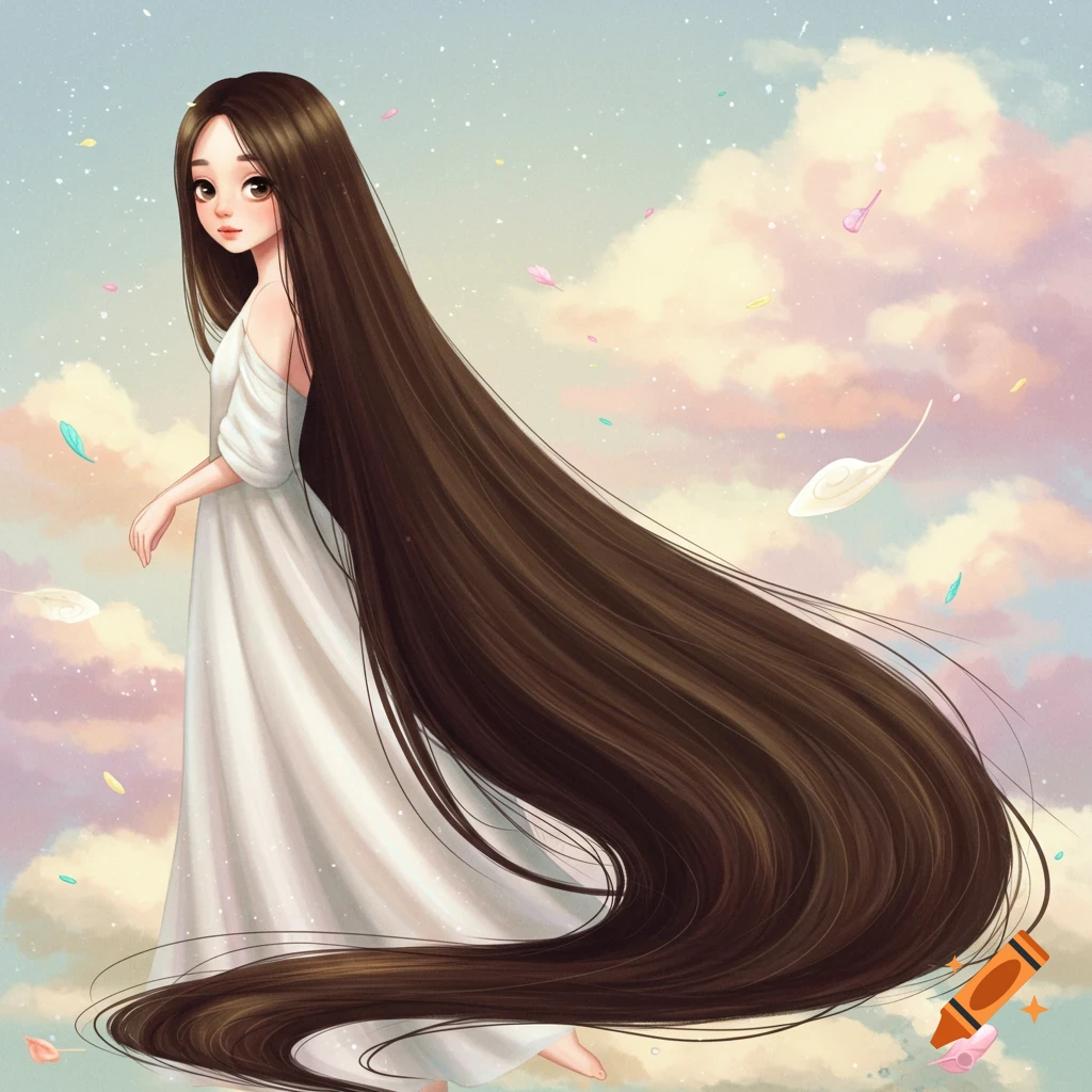 A girl with extremely long brown hair in a white dress, floating in a cloudy sky with feathers.