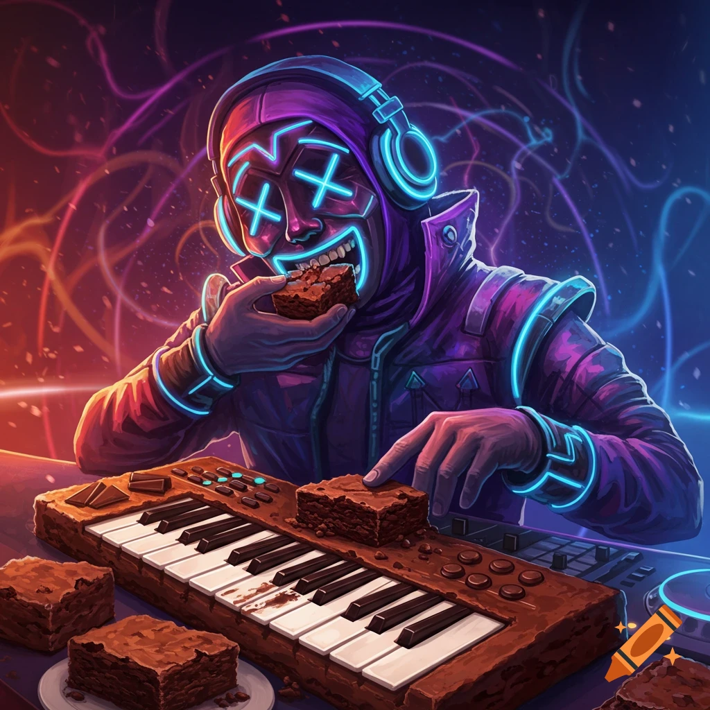 Vibrant image of a masked DJ eating a slice from a MIDI keyboard made of brownies