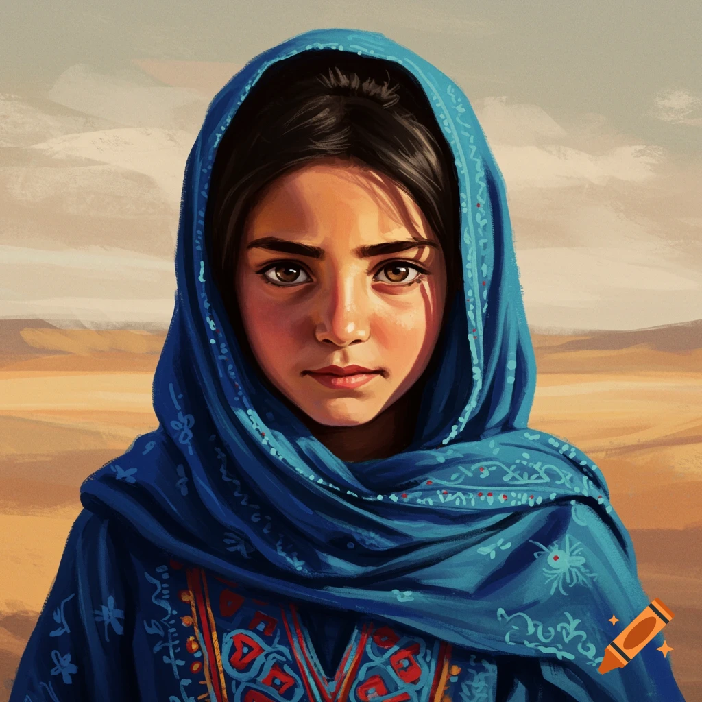Portrait of a young girl in a blue headscarf and embroidered clothing, in a desert setting.