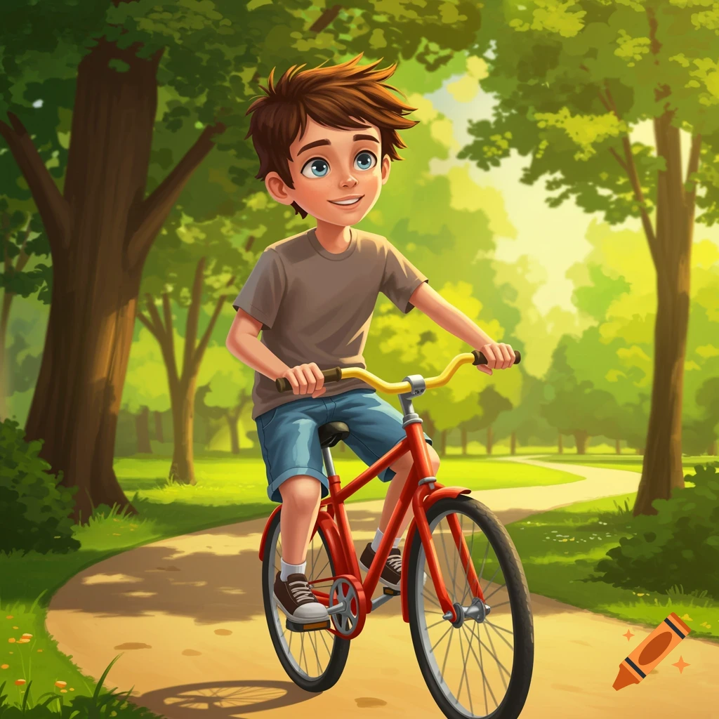 Cartoon boy riding red bicycle in sunny park