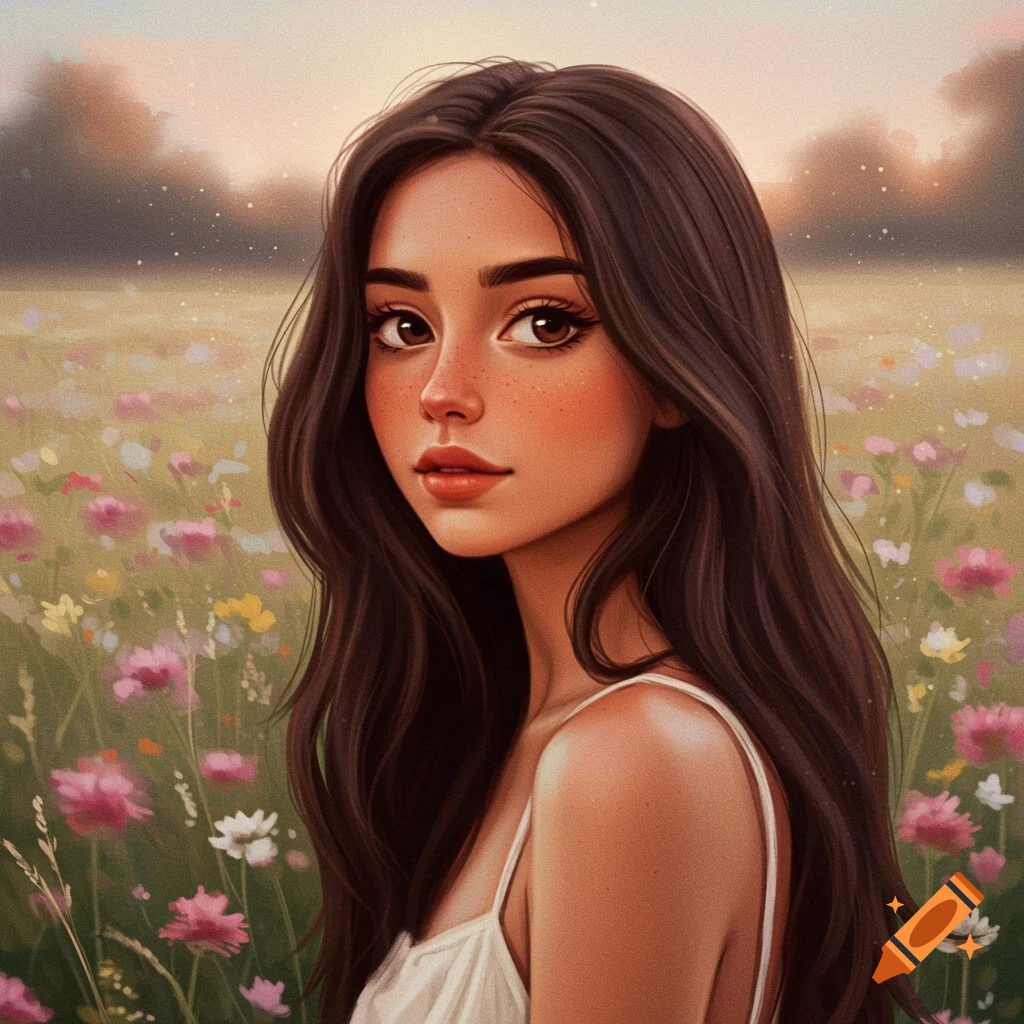 A young woman with long dark hair stands in a field of wildflowers at sunset.