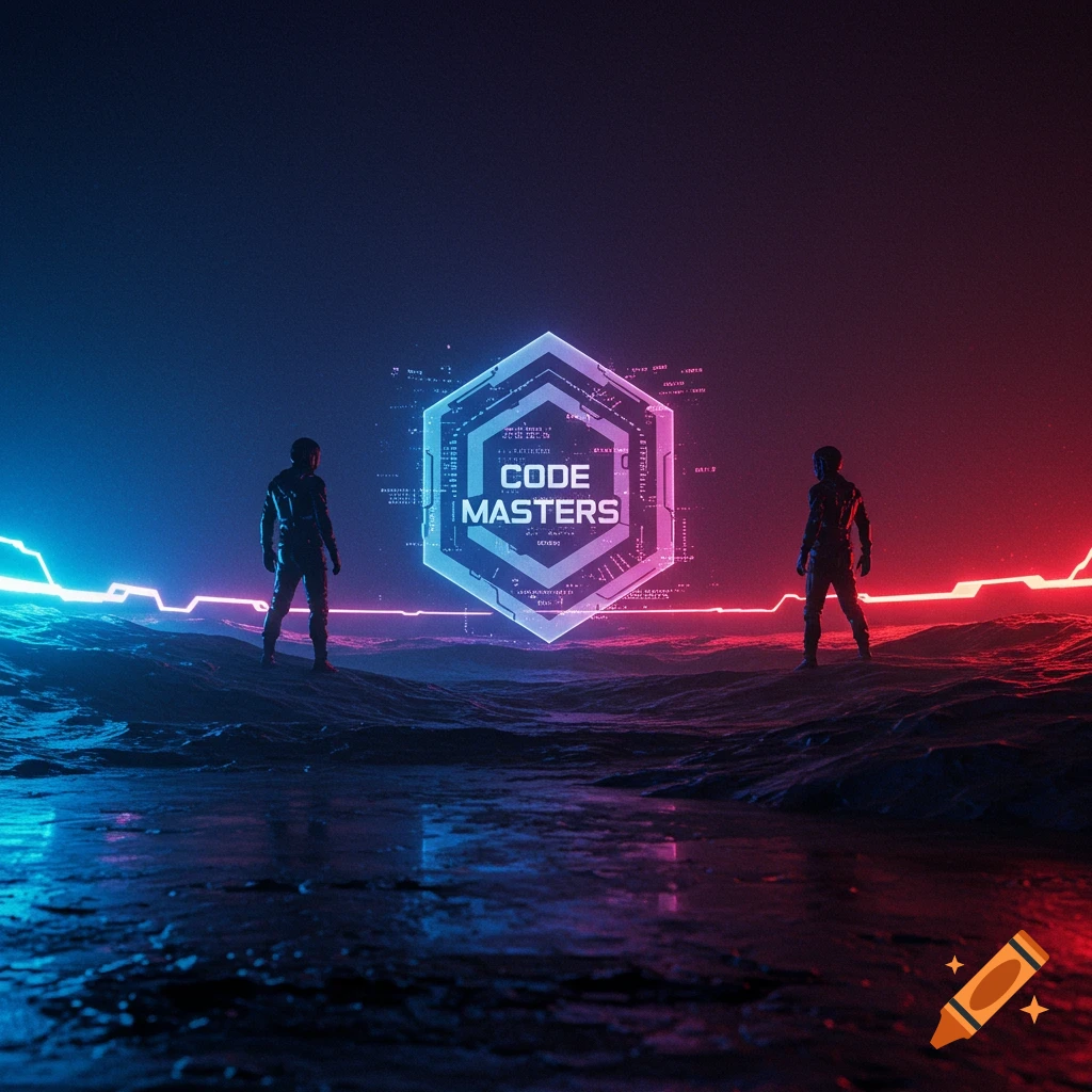 Two figures stand before a glowing hexagonal Code Masters logo on a rocky futuristic landscape lit by blue and red neon light.